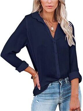 Women's Button Down V Neck Long Sleeve Office Blouse Top